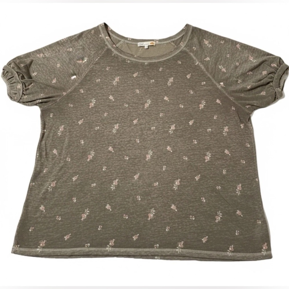 C&C California Women’s Gray Short Sleeve Floral Print V Pullover Top 2X A0034